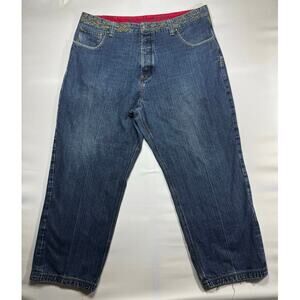 Crown Holder Men's Embroidered Baggy Wide Leg Blue Denim Jeans - Size 44 (43x31)